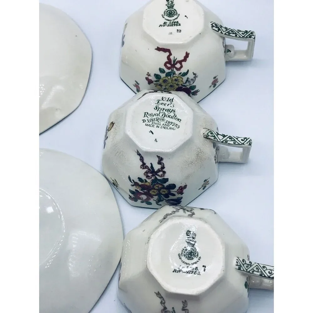 Royal Doulton Old Leeds Sprays D3548‎ 3Cups & 3 Saucers England 1920s